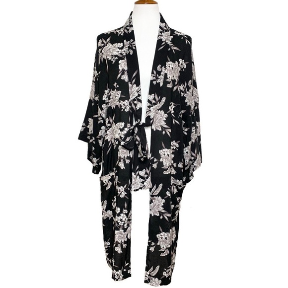 Spiritual Gangster Tropical Floral Print Black Tie Waist Kimono Wrap Cardigan - Picture 2 of 12